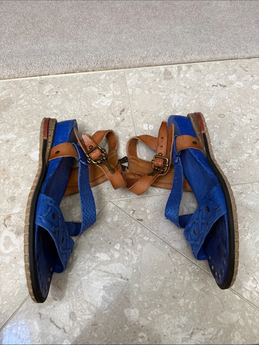 A.S.98 Blue Gladiator Strappy Ankle Buckle Zippered Wedge Sandals Studs Sz 40